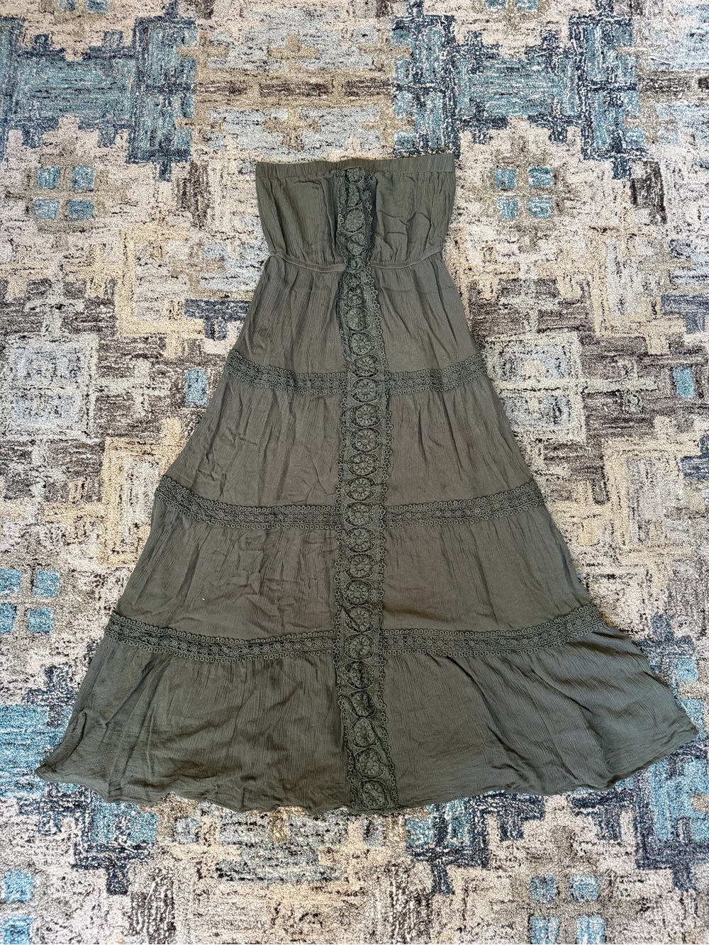 Strapless Olive Maxi Dress with Crochet Lace Panel
